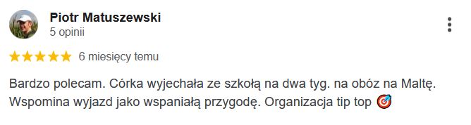 Bardzo polecam. Córka wyjechała ze szkołą na dwa tyg. na obóz na Maltę. Wspomina wyjazd jako wspaniałą przygodę. Organizacja tip top 🎯