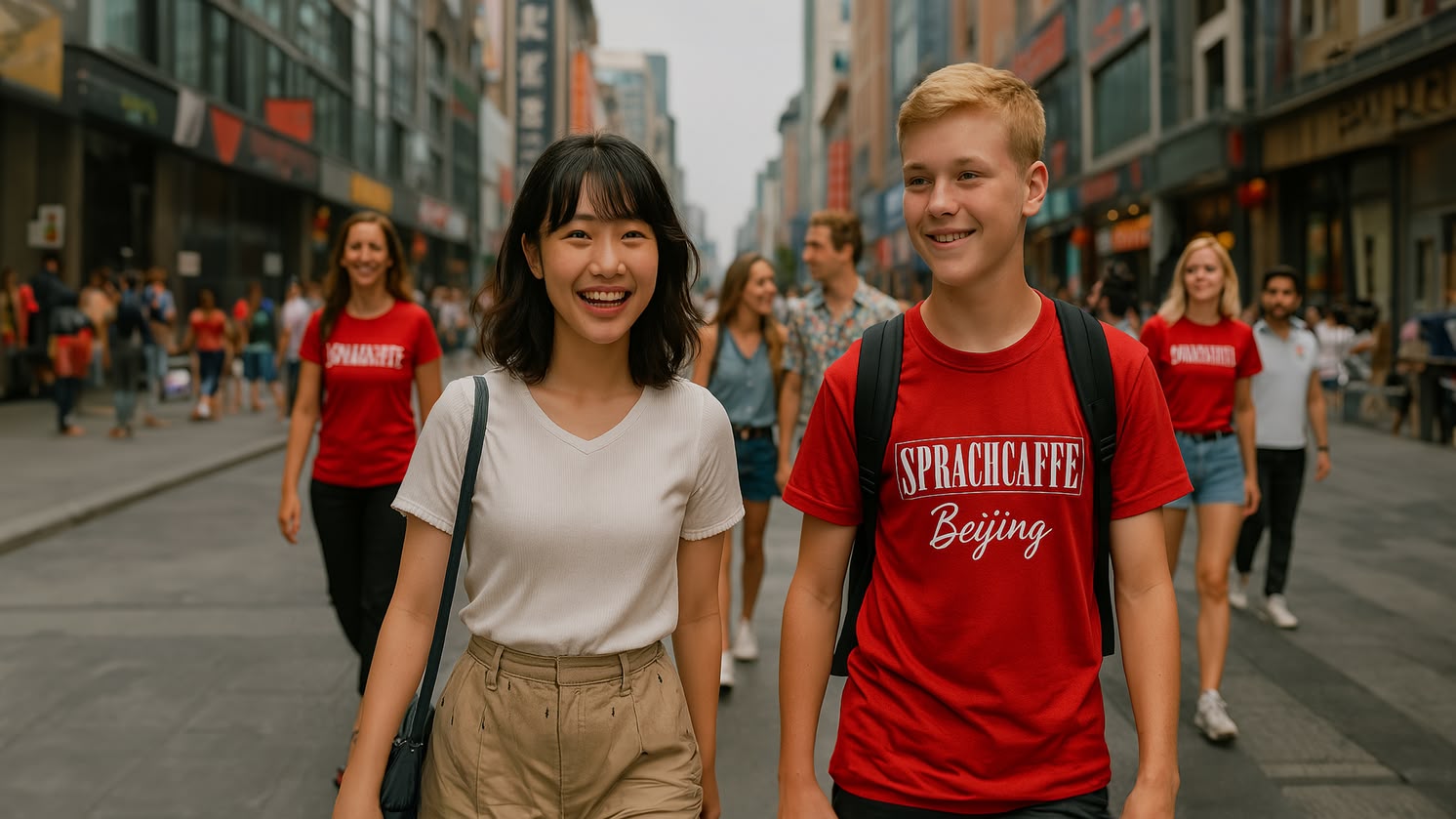 Two students in red Sprachcaffe shirts walking together on a lively street in Beijing, China