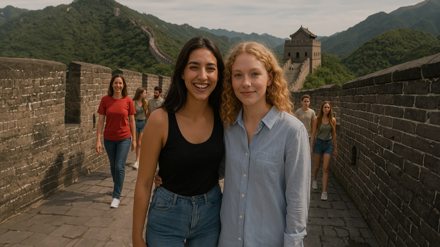 Two young women smiling on the Great Wall of China near Beijing, with others walking in the background.