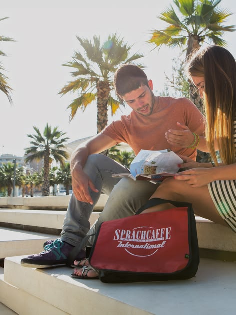 Two Sprachcaffe students sitting by the beach in Spain, reading a map with palm trees in the background.