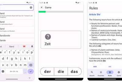 Trzy ekrany aplikacji do nauki niemieckiego na telefonie komórkowym: wyszukiwanie słów z rodzajnikami, gra z wyborem poprawnego rodzajnika i zasady użycia rodzajników.